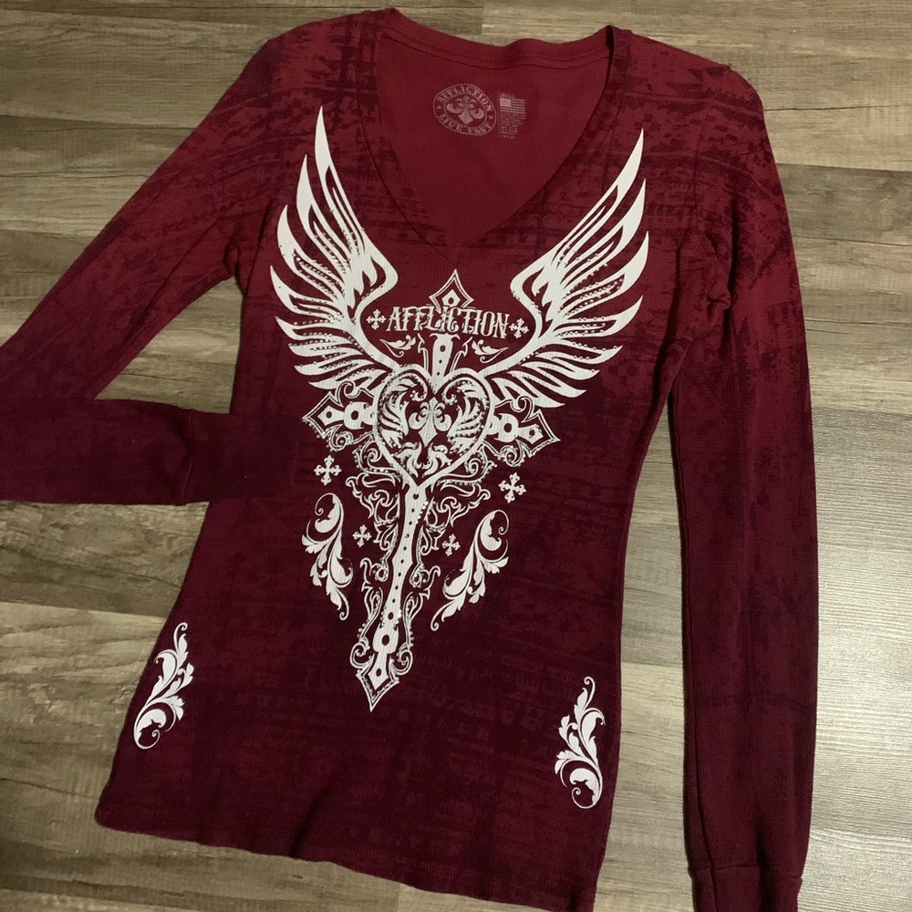 Affliction women’s top size small maroon